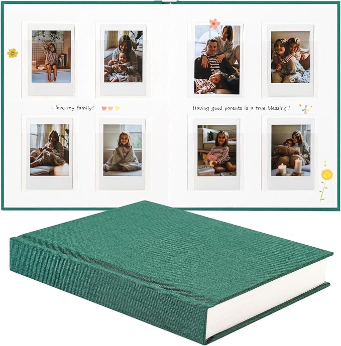 Instax Mini Photo Album with Writing Space, Linen Cover, Green | Compatible with 2x3 inch & Polaroid Pictures, 112 Recessed Clear Pockets, Wedding Guest Book and Family Memories by Unknown