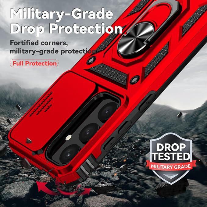 HNHYGETE for Samsung S25 Case with Screen Protector: [Military Grade 20ft. Drop Tested] Slide Camera Cover Ring Shockproof Protective Phone Case for - Samsung Galaxy S25 (Red) - Image 3