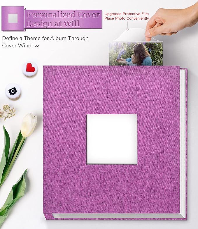 Artfeel Photo Album Self Adhesive Scrapbook Album for 3x5 4x6 5x7 8x10 Pictures,60 Pages Linen Cover with Display Window DIY Photo Book,Ideal Gifts for Family Travel Wedding Baby - Image 2