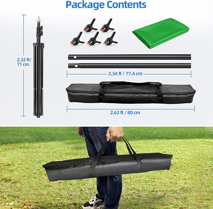 Hemmotop Green Screen Stand 7x5 ft(HxW) with 6.5x5 ft Backdrop Kit | Chromakey, for Streaming, Gaming, Zoom, Video Recording, Metal and Ployester, with 5 Clips and Carrying Case, Portable - Image 8