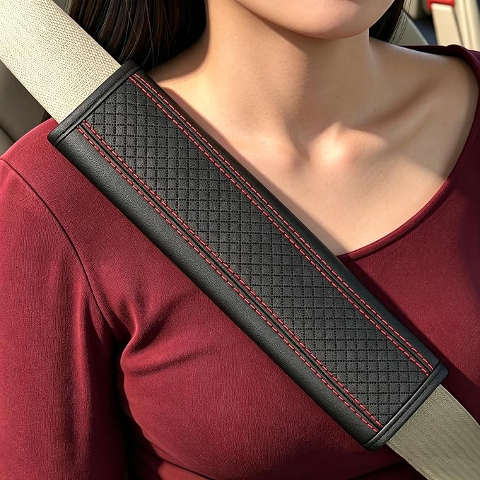 Seat Belt Pads Leather Seat Belt Covers More Comfort Driving Cushion Helps Protect Your Neck and Shoulders Suit for Car, Truck, SUV, Airplane,Camera Backpack Straps-2Pcs by JAVMOO
