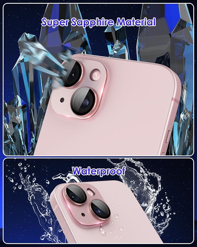 Compatible for iPhone 15/ iPhone 15 Plus/iPhone 14/ iPhone 14 Plus Camera Lens Protector Metal Plus Aluminium Alloy Ring 9H Tempered Glass Screen Camera Cover Pink - Image 3