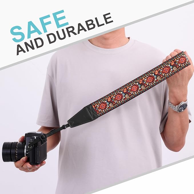 Padwa Lifestyle Red Flower Camera Strap - 2" Full Grain Leather Ends Camera Straps for Photographers, Vintage Embroidered Cotton Weave Soft Suede Fabric Padded Strap Quick Release fits All Cameras - Image 7