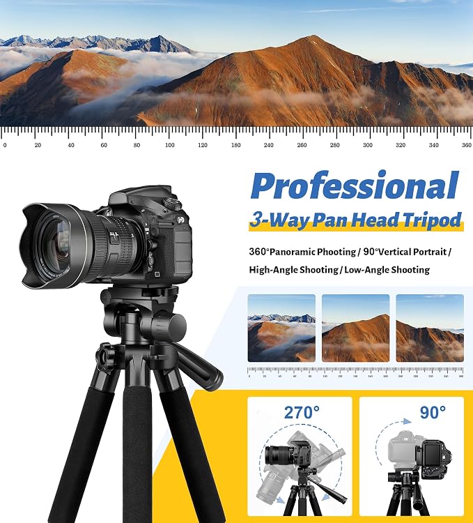 JOILCAN Tripod for Camera, 67" Heavy Duty Camera Tripod, Phone Tripods for Video Recording Photo Vlog, Aluminum Tripods with Holder & Travel Bag for Cameras DSLR iPhone Projector Laser - Image 3