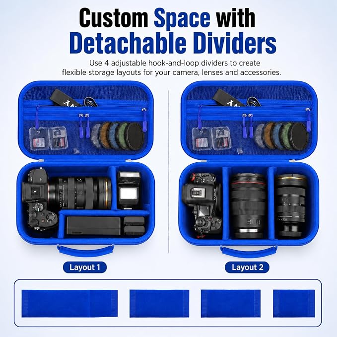 Camera Case for Canon EOS Rebel T7/R50/R100/for Sony a7iv/Mirrorless | EVA hard shell, Oxford fabric, 4 adjustable dividers and 3 mesh pockets for camera travel and home storage-Blue (Case Only) - Image 2