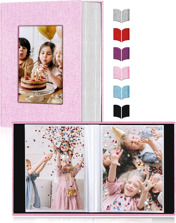 Small Photo Album 4x6,Linen Cover Slide-in Mini Photo Album Book Can Holds 100 4x6 Photos with 50 Black Sheets for Baby Family Pictures Artwork or Postcards Storage (Pink) - Image 2