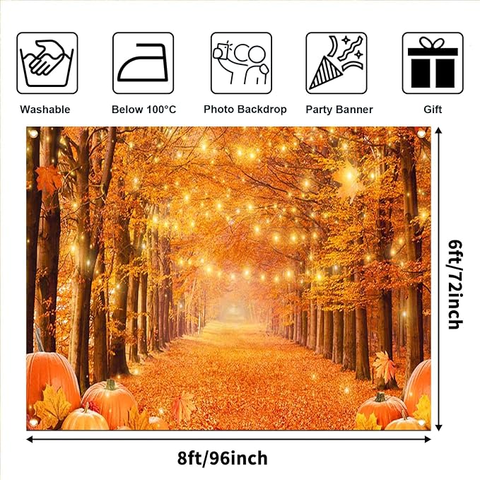8x6ft Fall Thanksgiving Photography Backdrop | Cotton Fabric, Maple Forest Pumpkin Print, Fall Party Decor, Fall Harvest Friendsgiving Party Photo Booth Background - Image 2