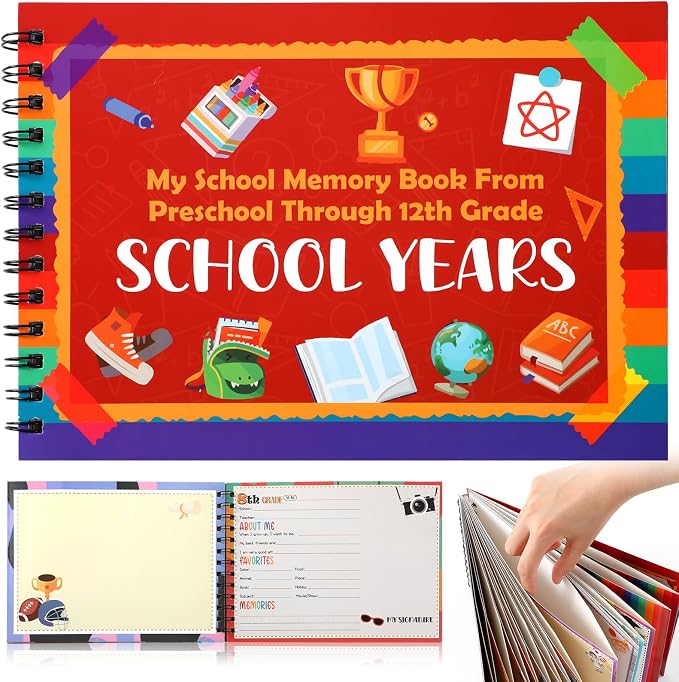 Motipuns School Memory Book Photo Album for Kids, Horizontal Style | School Years Keepsake Book Album Scrapbook from Preschool Through 12th Grade with 14 Pocket for Storage Portfolio Pictures by Motipuns