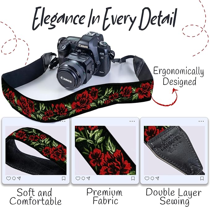 Camera Strap - Shoulder, Crossbody & Neck Camera Strap for Photographers, Fits All Cameras, Canon Nikon Sony Fujifilm, Padded Strap W/ Quick Release, Embroidered Cotton & Leather Ends, Red Roses - Image 3