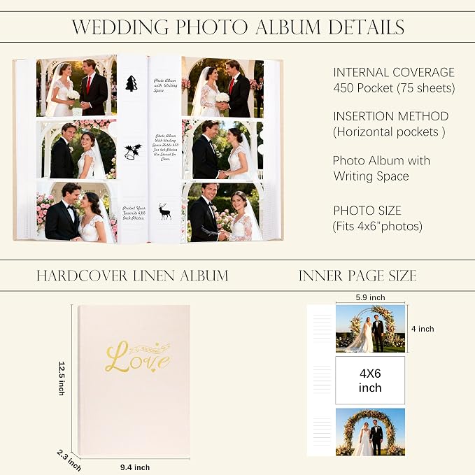Photo Album 4x6 Wedding with Writing Space for 450 Photos Linen Cover Hardcover Horizontal, 4 x 6 Photo Album Picture Book for Kids Travel Family Baby Pictures Beige - Image 3