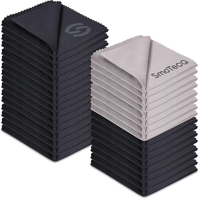 SmoTecQ 32 Pack Microfiber Cleaning Cloths for Glasses (Individually Wrapped) - Premium Optical Lens Cleaner for Screens, iPhone, iPad, Camera & Eyeglasses - Washable & Lint Free (Black & Grey) by SmoTecQ