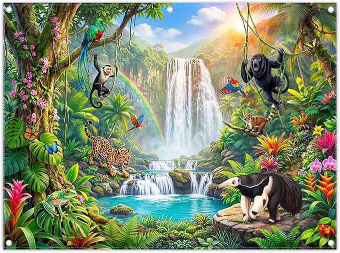 Fabric 8x6ft Rainforest Wild Animals Backdrop Jungle Safari Banner | Summer Tropical Scenery Waterfall Photography Background, School Event Party Decorations, Classroom Photo Props, Polyester by ZTHMOEBACKDROP