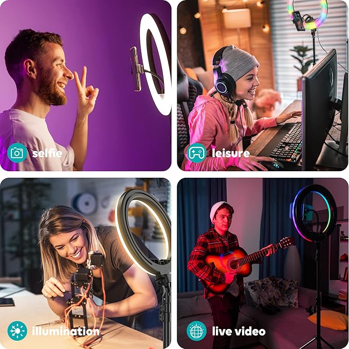 10" Ring Light with Stand 72'' Tall & Phone Holder,38 Color Modes Selfie Light with Tripod Stand,Stepless Dimmable/Speed LED Ring Light for iPhone & Android,YouTube, Makeup,TIK Tok - Image 6