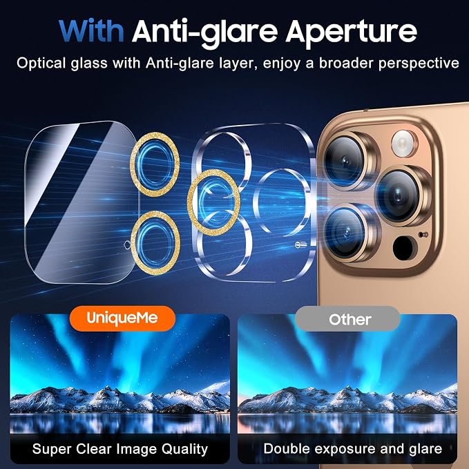 UniqueMe for 3 Pack iPhone 16 Pro/16 Pro Max Camera Lens Protector- Gold | Drop Protection, Case Friendly, 9H Tempered Glass, Camera Cover Screen, Update New Version - Image 4