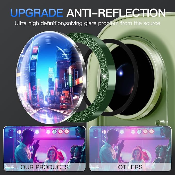 Suoman for iPhone 17 Camera Lens Protector, Bling Glitter Independent Metal Crystal Tempered Glass Camera Lens Cover [Strong-Adhesion][Does not Affect Night Shots] -Green - Image 3