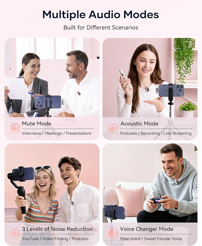 Wireless Mini Lavalier Microphones for iPhone iPad Android with Charging Case, USB C Lapel Mic with Noise Reduction & Voice Changer Mode for Video Recording Vlog YouTube Interview and Game Chat (Pink) - Image 3