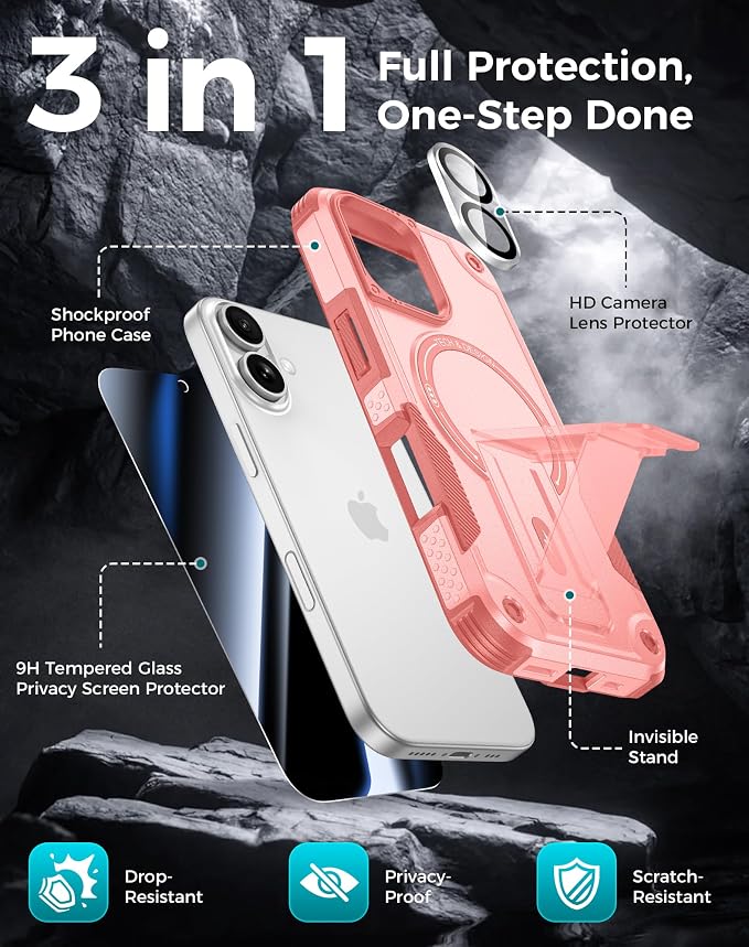 Goton 3 in 1 for iPhone 16 Case with Privacy Screen Protector Pink | Glass Camera Lens Protector,Compatible for MagSafe,Invisible Kickstand, Shockproof Phone Cover for iPhone16 - Image 3