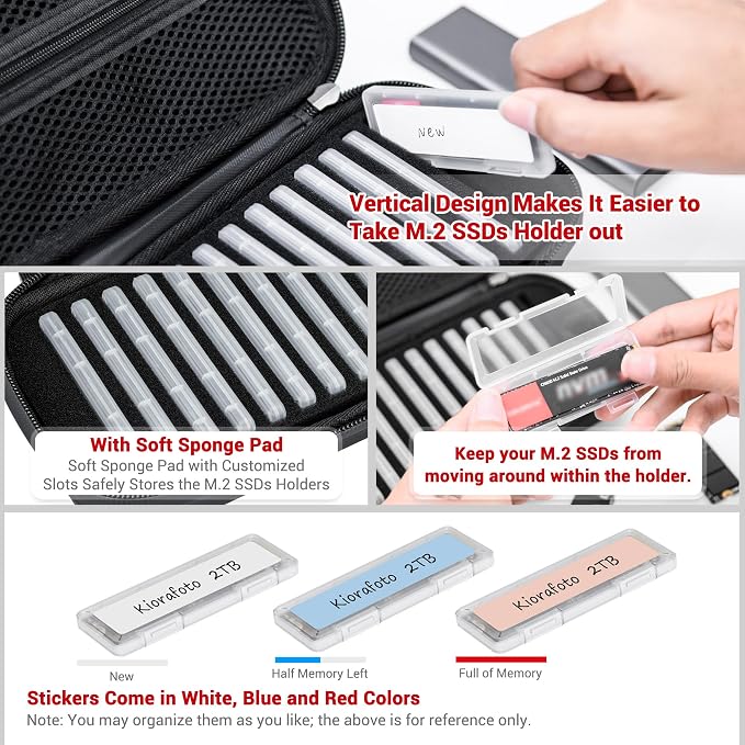 EVA PU M.2 SSD Holder with 12 Clear M.2 NVMe Cases for 2280/2260/2242/2230 SSDs, Water-Resistant & Shockproof with Zipper Pocket & Carry Handle - Image 4