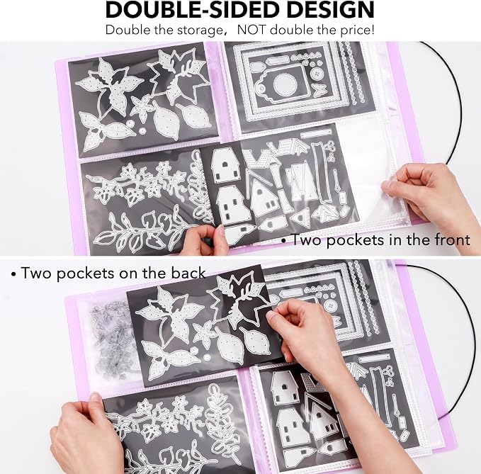 2 Pack Large Sticker Photo Storage Album, Stamp & Cutting Dies Storage Book Organizer Folder for Cards Storage DIY Scrapbooking Card Making Supplies 20 Pages 80 Pockets/Pack (Clear + Purple) - Image 5