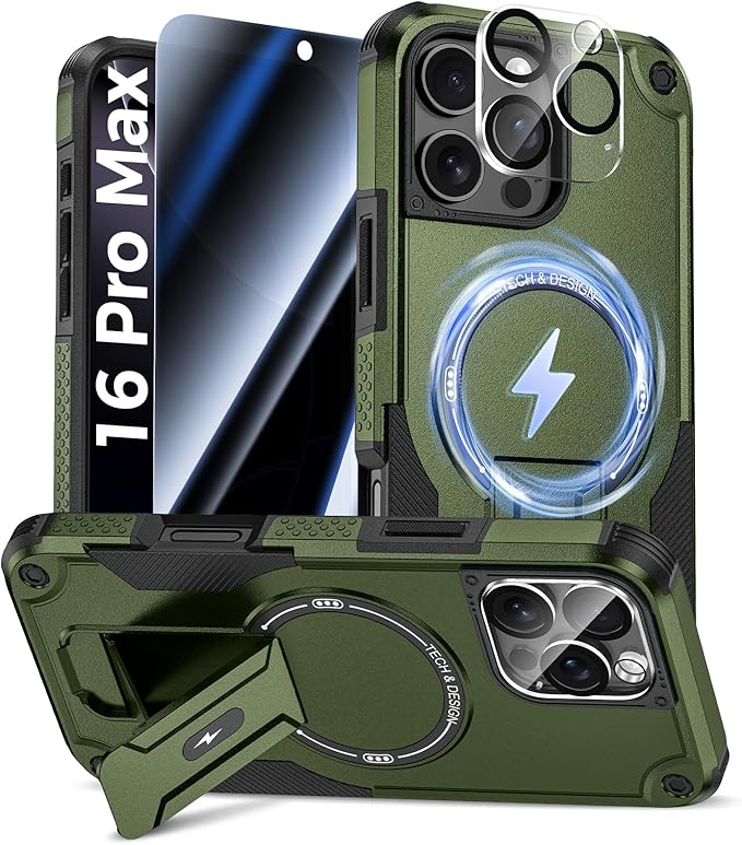 Goton 3 in 1 for iPhone 16 Pro Max Case with Privacy Screen Protector Green | Glass Camera Lens Protector,Compatible for MagSafe,Invisible Kickstand, Shockproof Phone Cover for iPhone 16 Promax by Goton