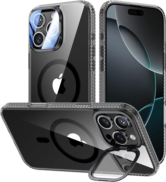 VOFATA [Upgraded] for iPhone 16 Pro Case with Camera Cover Stand [Fit for MagSafe][9H Camera Lens Protector] Mil-Grade Protection Transparent Magnetic iPhone 16 Pro Phone Case, Clear Black by VOFATA