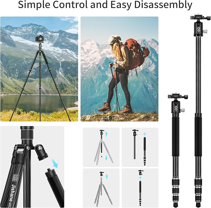 Carbon Fiber Camera Tripod, 62" Professional Video Tripod for Camera with 360° Ball Head, 1/4" Arca QR Plate, Compact Lightweight Travel Monopod for DSLR/Smartphone, Max Load 17.6 lbs/8kg - Image 6