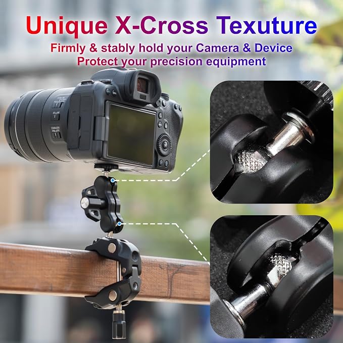 JJC DSLR Super Clamp Camera Mount,Dual Ball Head,w. 1/4"-20 3/8"-16 Thread | Aluminum Pole Mount for Monitor,with Action Camera Mount and Phone Clip,Universal Crab Clamp for Desk Tripod Tube Rod - Image 2
