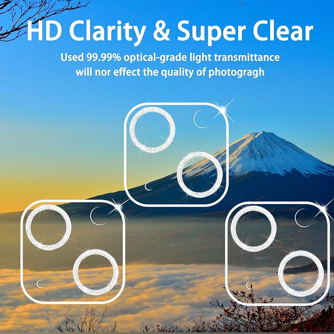 3 Pack Dengduoduo Tempered Glass Camera Lens Protector for iPhone 14 6.1" & iPhone 14 Plus 6.7", Glitter Bling Diamond, Ultra HD, 9H Hardness, Anti-Scratch, Case Friendly, Easy to Install [No Affect on Night Shots] - Image 3