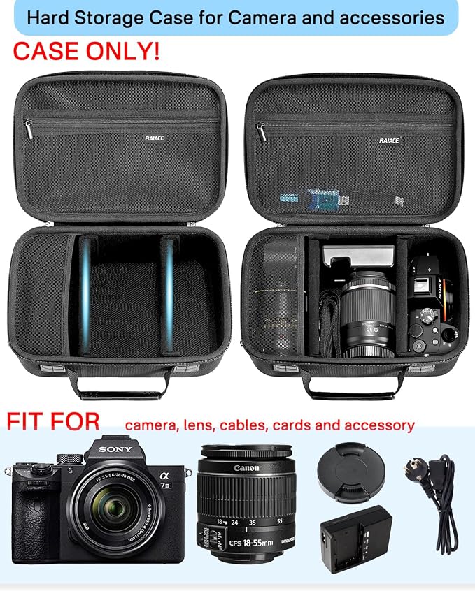 RAIACE Hard Case Compatible with Sony Alpha 7 II III IV/7R V Camera, for Nikon, for Canon, for Pentax and More.Large Capacity With Mesh Pocket for Lens, Charger, Cables, Cards and Accessories.-Black - Image 2