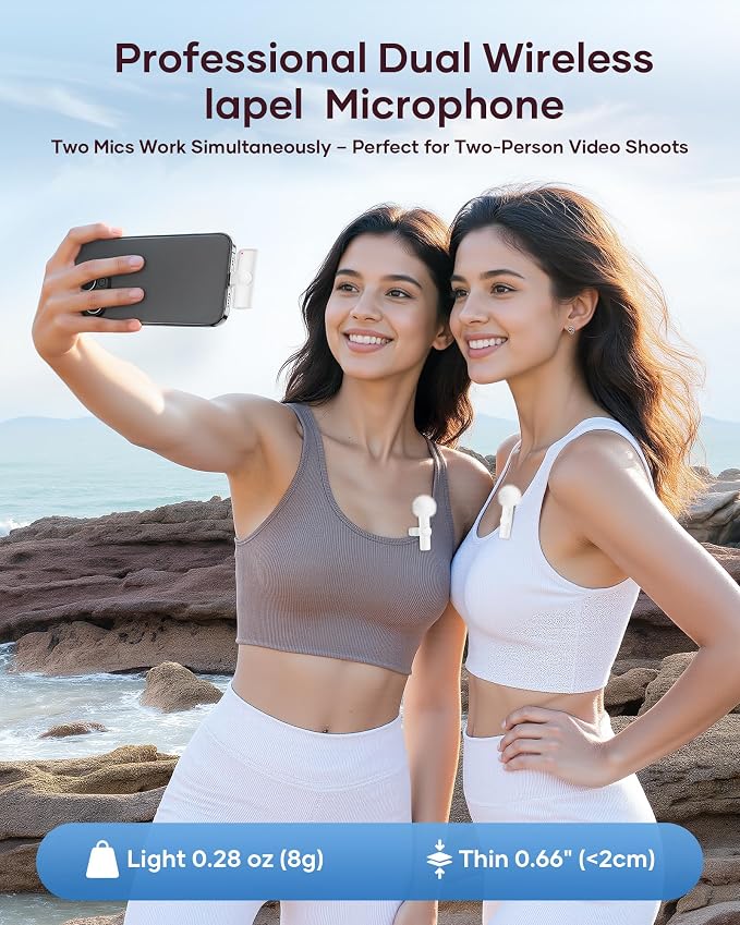 Wireless Microphone for iPhone iPad and Android Phone, 2 Pack Wireless Lavalier Lapel Mic with Noise Reduction, Plug and Play Mini Microphone for Video Recording Interview YouTube TikTok Vlog (White) - Image 7
