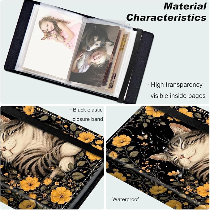 Small Photo Album 4x6, 60 Pockets Holds 120 Photos, Slip-in Pocket Photo Storage Book with Black Elastic Band for Family Wedding Baby Travel Pictures, Cute Tabby Cat Yellow Wildflower - Image 5
