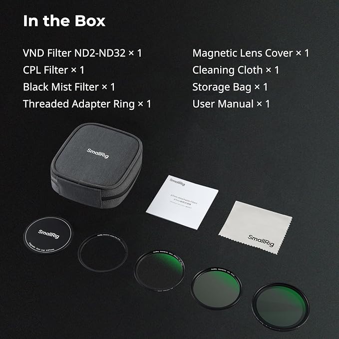 SmallRig 5-in-1 Magnetic 67mm Lens Filter Kit: VND + CPL + Black Mist 1/4 + Threaded Adapter Ring + Lens Cover + Storage Bag + Cleaning Cloth, Camera Filter Set for iPhone Lens - 4726 - Image 8