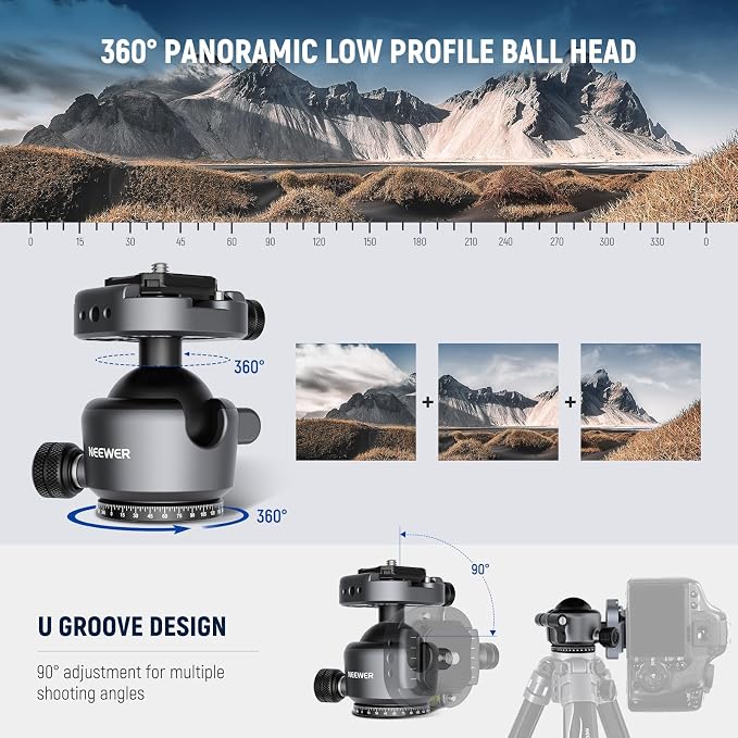 NEEWER GM41 Low Profile Tripod Ball Head, 40mm Metal Panoramic Camera Mount Adapter with 1/4" Arca Type QR Plate Compatible with PD, 360° Swivel & 90° Tilt, Max Load 11lb - Image 3