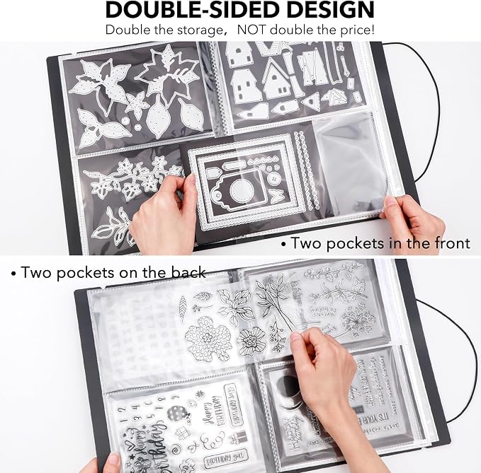 2 Pack Large Sticker Photo Storage Album, Stamp & Cutting Dies Storage Book Organizer Folder for Cards Storage DIY Scrapbooking Card Making Supplies 20 Pages 80 Pockets/Pack (Clear + Black) - Image 6