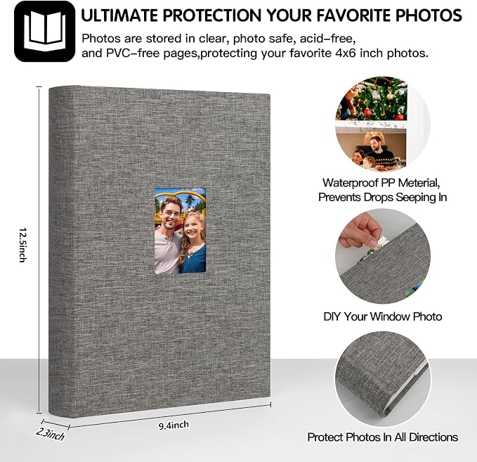 450 Pocket 4x6 Photo Album with Writing Space, Linen Cover, Grey | Large Capacity, 4x6 Album Book, with Memo for Family, Wedding Baby, Travel Memories Graduation Pictures - Image 3