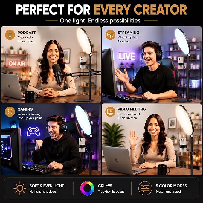 10" Full-Panel Desk Ring Light with Stand & Flexible Phone Holder, 24W 1100LM Light for Video Recording, 5 Color Modes up to 6500K, CRI 95+ for Computer, Podcast, Streaming, Zoom & Video Calls - Image 7