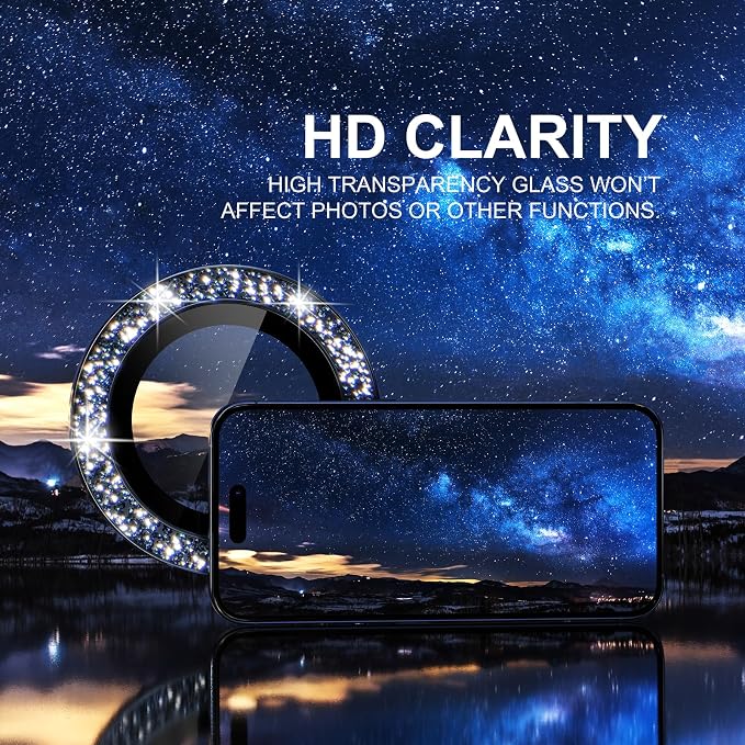 Choiche for iPhone 15 Pro/iPhone 15 Pro Max Camera Lens Protector | Ultra HD, Bling 9H Tempered Glass Camera Cover Screen Protector Metal Ring Decoration Accessories (Glitter-Blue) - Image 5