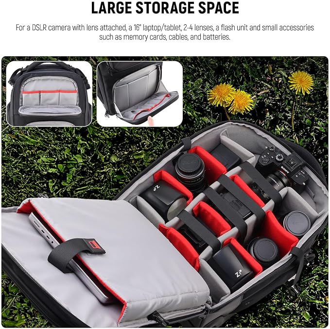 Neewer 2 in 1 Camera Roller Bag with Detachable Shockproof Dividers Retractable Handle Waistband Rain Cover Water Resistant Robust Carry On Backpack for Camera Tripod Flash Lens Laptop, Black, PB027 - Image 2