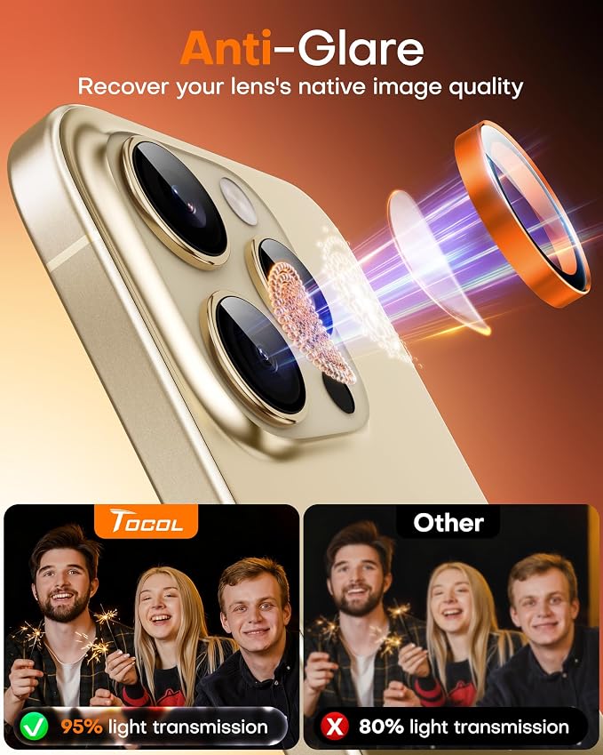 TOCOL for iPhone 14 Pro Max Camera Lens Protector/iPhone 14 Pro Camera Lens Protector Tempered Glass HD Individual Scratch Resistant Cover Accessories Case Friendly 2 Pack（Orange） - Image 6