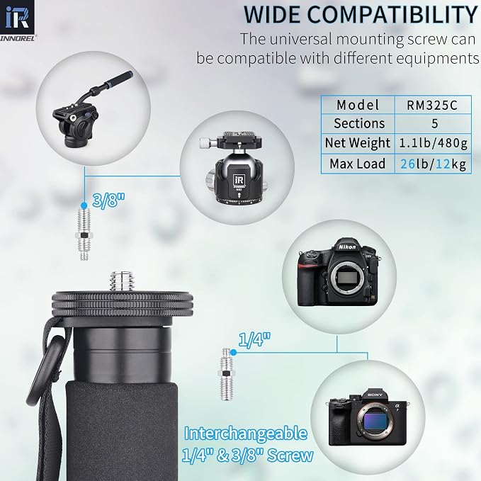 Carbon Fiber Camera Monopod INNOREL RM325C Professional Portable Compact Lightweight Travel 5-Section Monopod for Canon Nikon Sony DSLR Camera Video Camcorder DV Photography Bracket Load 26lbs/12kg - Image 2