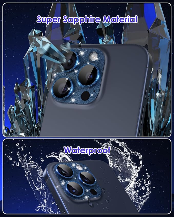 Compatible for iPhone 15 Pro/iPhone 15 Pro Max Camera Lens Protector Glitter Plus 9H Tempered Glass Screen Camera Cover Titanium Glitter Blue - Image 3