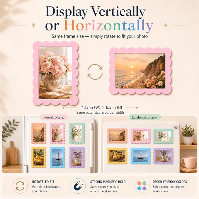 12 Pack 4x6'' Pastel Scalloped Magnetic Picture Frames | Wavy Edge Magnet Photo Borders for Refrigerator Locker Classroom Office Decor - Open Face Aesthetic Home Accessories - Image 6