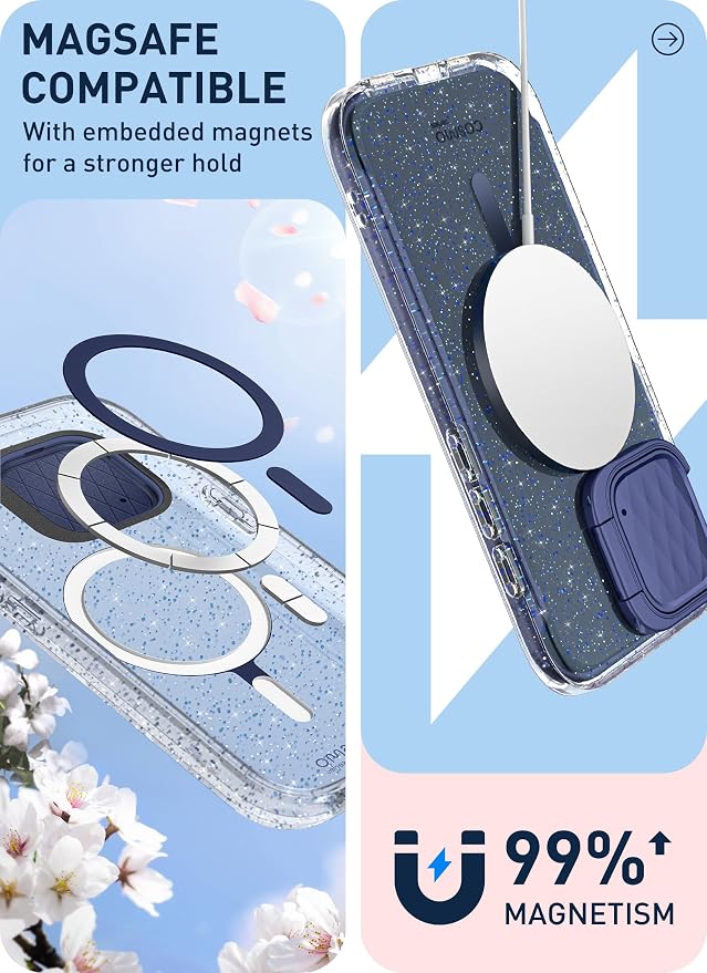 i-Blason for iPhone 15 Pro Case MagSafe, w/‌ Screen Protector, BlueGlitter | Built-in Screen Protector, Camera Cover Stand, Slim, Stylish - Image 5