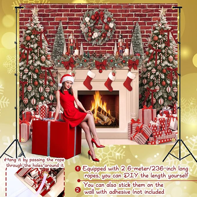 Peryiter Christmas Backdrop for Photography Xmas Tree Stocking Candy Gift Polyester Background Decoration Party Backdrop for Home Decoration Photo Studio Props(10x8 ft,Fireplace) - Image 3