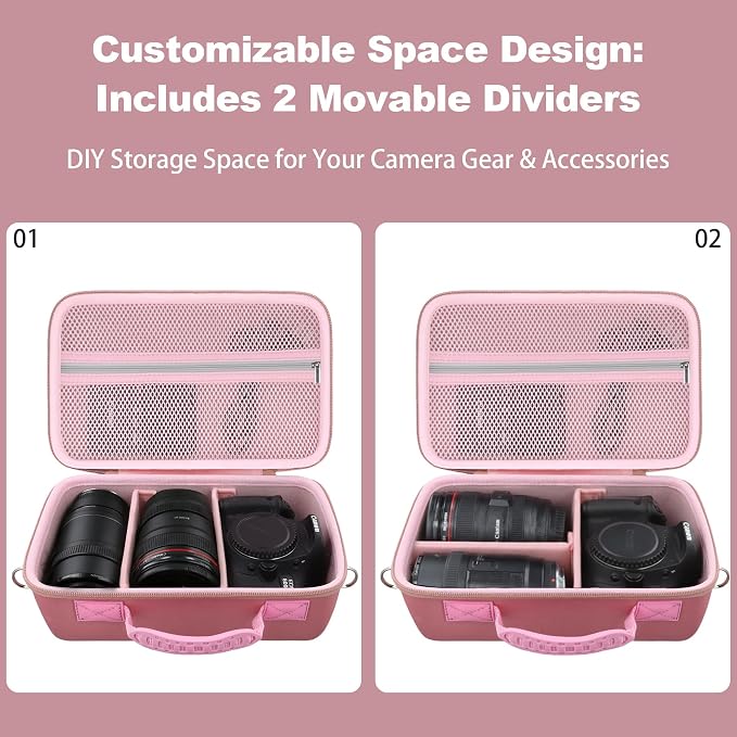 khanka Camera Case for Canon EOS Rebel R6 V/T7/T100/T6/R50/R100/R5/R7/R8/R6 Mark II/SL3 DSLR Camera,Travel Protective Carrying Case for Canon EOS Rebel Camera and 18-55mm/18-45mm Lens(Pink Case Only) - Image 3