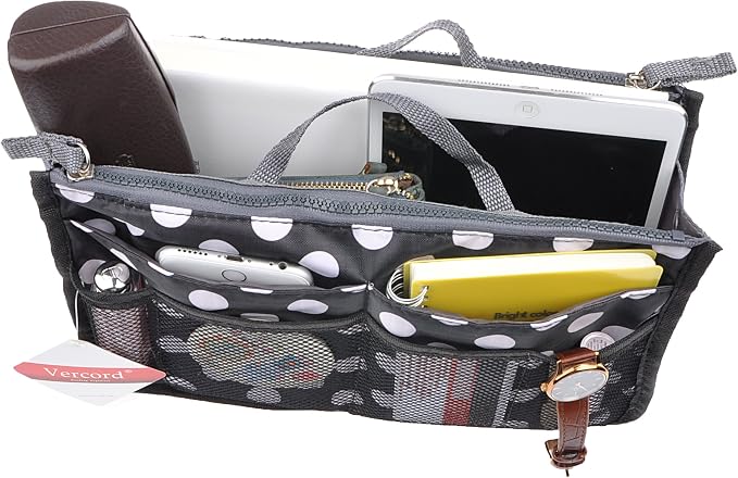 Vercord Purse Organizer Insert for Handbags Bag Organizers Inside Tote Pocketbook Women Nurse Nylon 13 Pockets Black Dot Small - Image 5