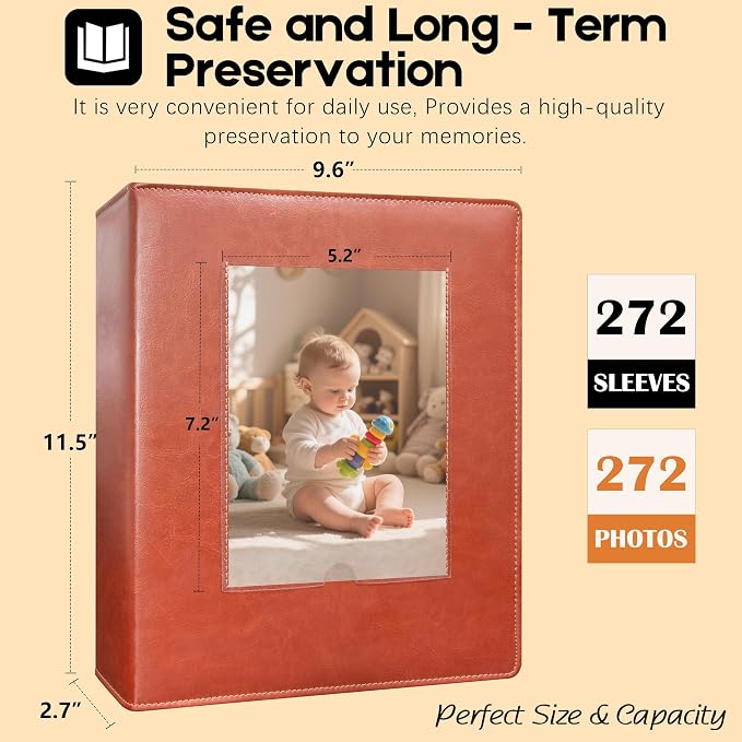 Aevdor 5x7 Photo Album, Holds 272 Photos, Leather Cover, Brown | Clear 5x7 Photo Pockets, Front Display Window, Family, Wedding, Birthday, Anniversary & Travel Memories - Image 6