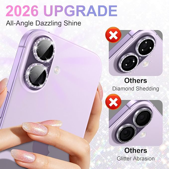 YWXTW [All-Over Glitter Camera Lens Protector for iPhone 17/iPhone 16/iPhone 16 Plus, 9H Tempered Glass Camera Lens Cover, Anti-Scratch Case Friendly(Purple) - Image 2