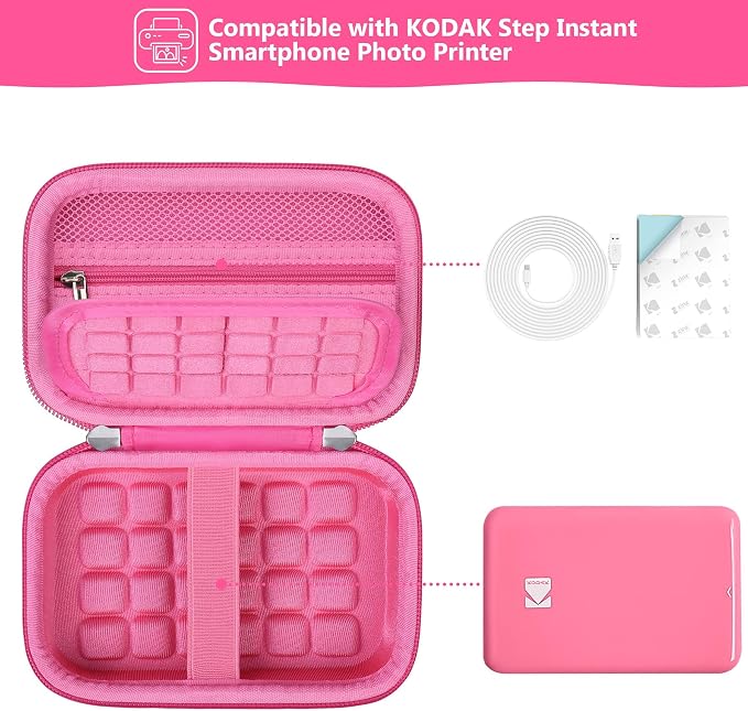 Hard Carrying Case for KODAK Step Instant Smartphone Photo Printer - Portable Mini Color Wireless Mobile Printer, Zipper Mesh Pocket for USB Cable, Photo Paper, Pink - Image 2