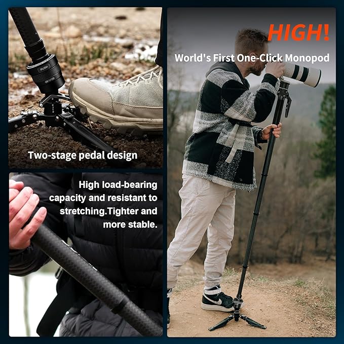 M1pro 65" Carbon Fiber Monopod for Camera, One-Click Lifting Quick Release Monopod with feet, Compact for Travel, Max Load 44lbs / 20kg for Camera, DSLR, Camcorder - Image 2